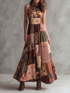 Boho Halter Neck Desert Mosaic Patchwork Print Maxi Dress