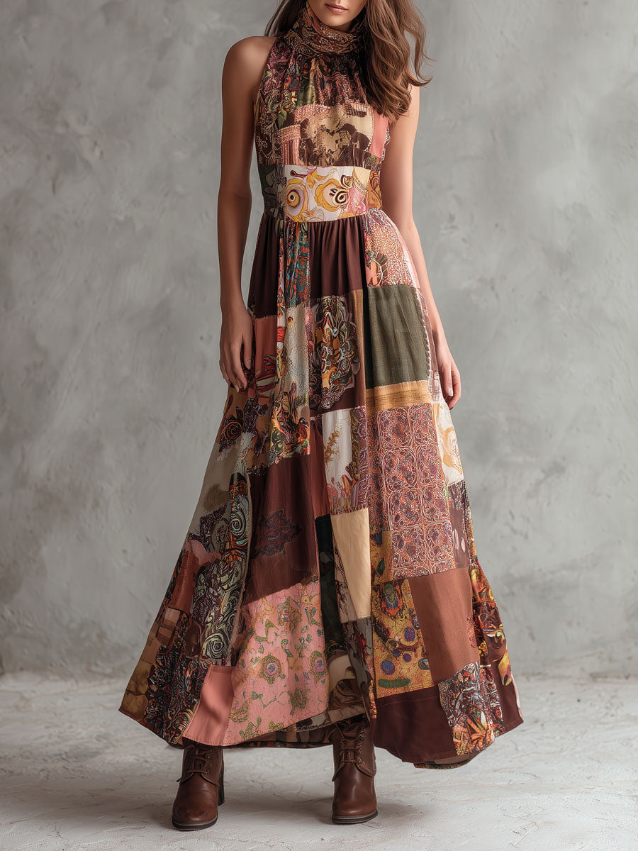 Boho Halter Neck Desert Mosaic Patchwork Print Maxi Dress