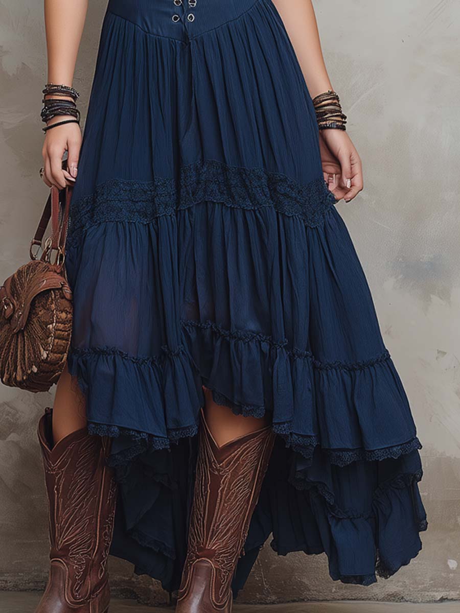 Retro Lace Trim Corset Pleated Chiffon Midi Dress