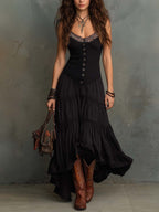 Retro Embroidered-Collar Flared Maxi Dress