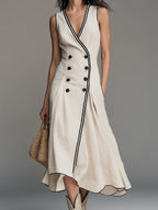 Retro Cotton-Linen A-Line Midi Dress With Contrast Piping
