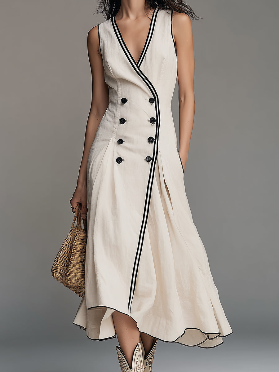 Retro Cotton-Linen A-Line Midi Dress With Contrast Piping