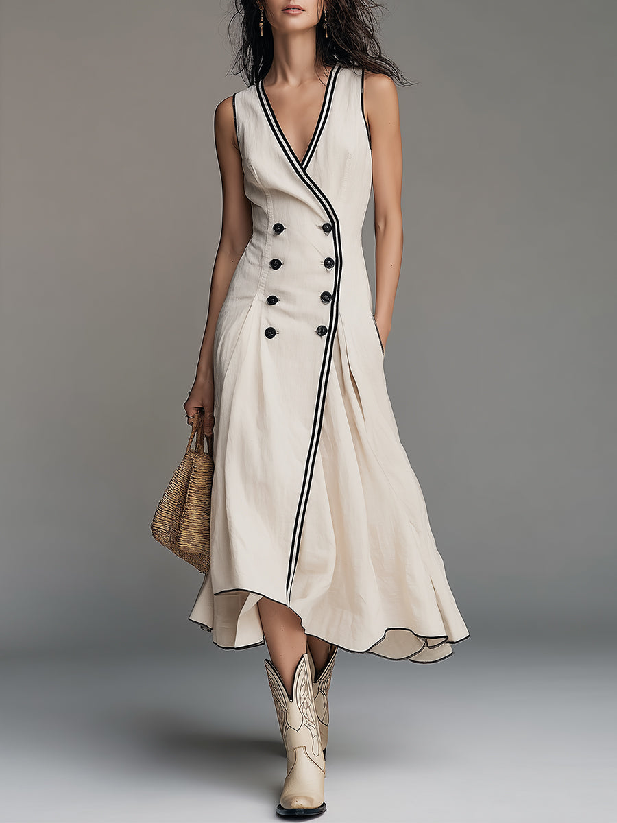 Retro Cotton-Linen A-Line Midi Dress With Contrast Piping