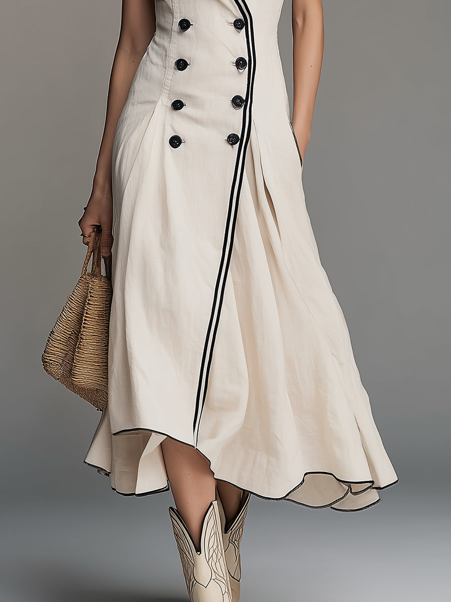 Retro Cotton-Linen A-Line Midi Dress With Contrast Piping