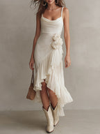 3D Floral Embellished Draped-Neck Maxi Dress