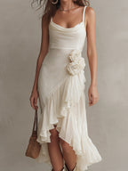3D Floral Embellished Draped-Neck Maxi Dress