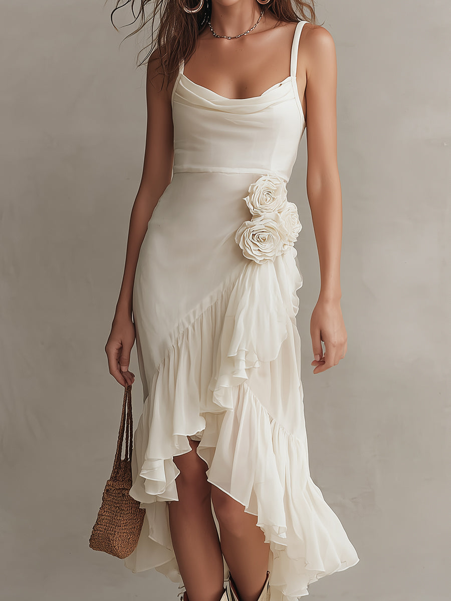 3D Floral Embellished Draped-Neck Maxi Dress