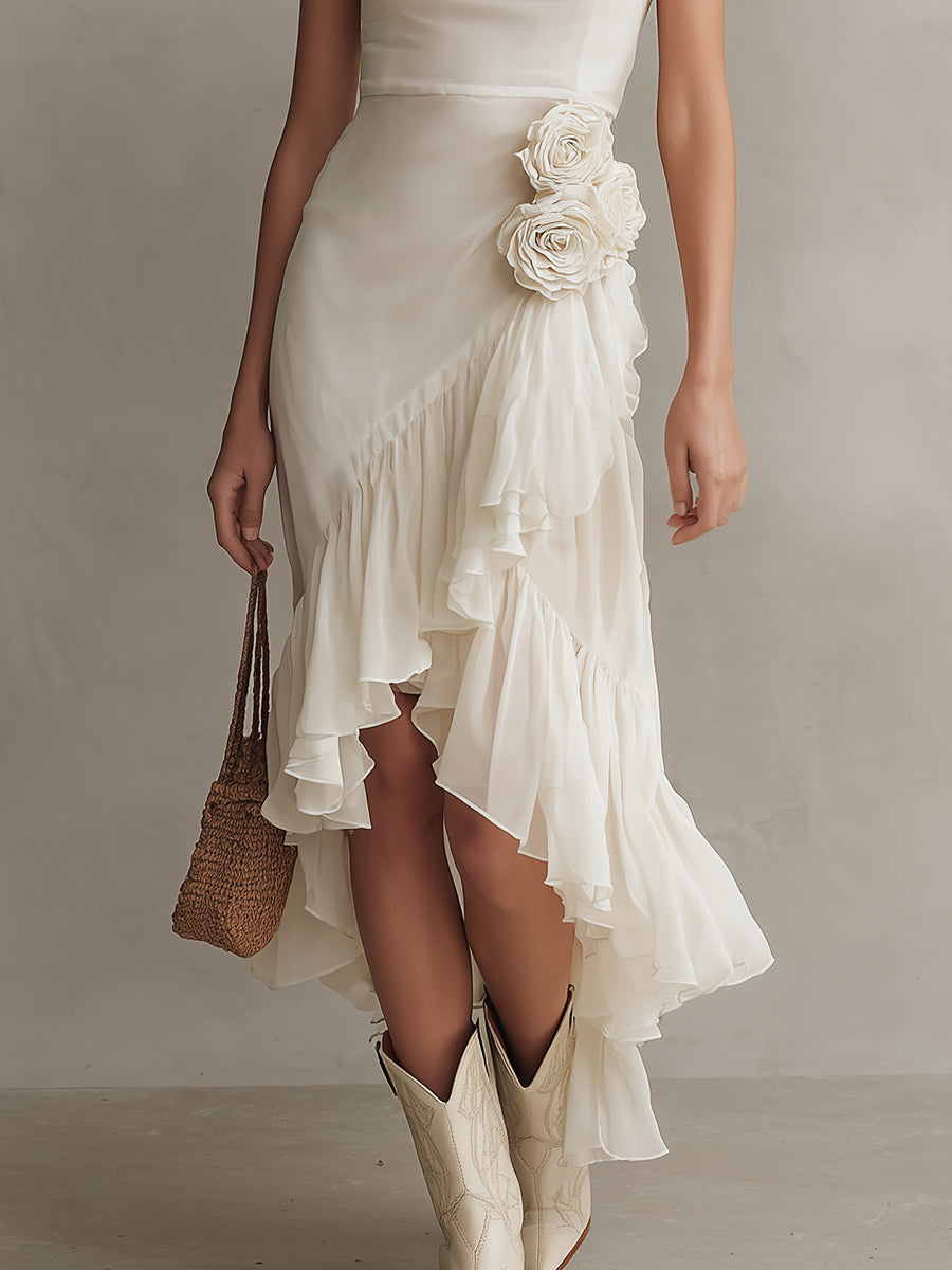 3D Floral Embellished Draped-Neck Maxi Dress