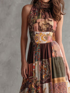 Boho Halter Neck Desert Mosaic Patchwork Print Maxi Dress