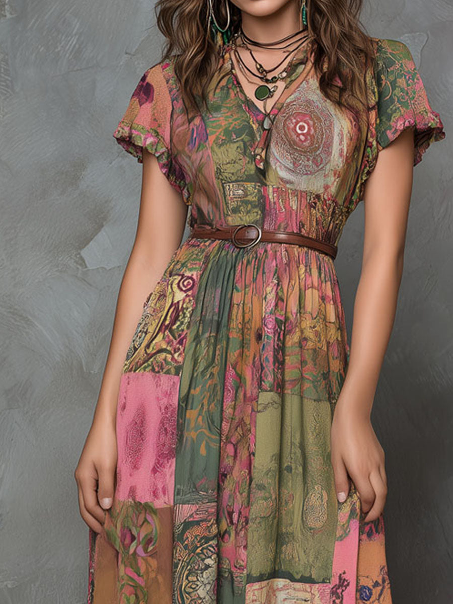 Vintage Rustic Garden Patchwork Boho Maxi Dress