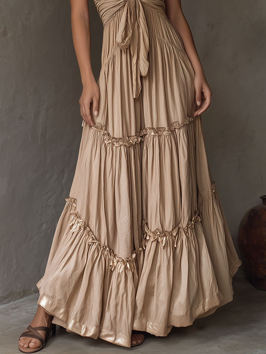 Boho Golden Sand Halter Tie-Front Maxi Dress