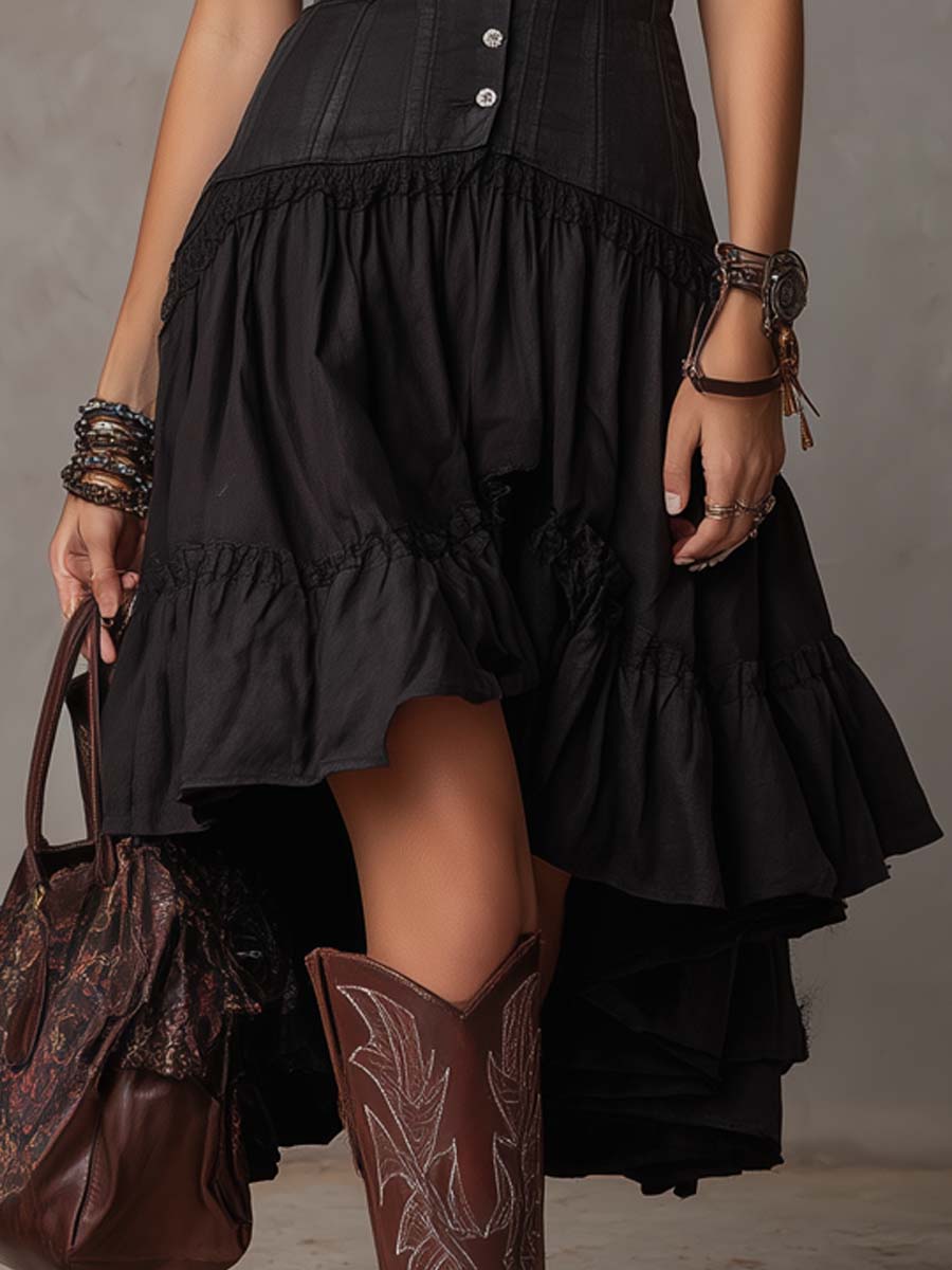 Bohemian Lace Trim Corset Tiered Ruffled Midi Dress