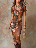 Retro Sheer Shoulder Oil-Painting Style Floral Print Midi Dress