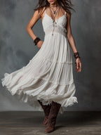 Boho White Lace-Trim Pleated Midi Dress