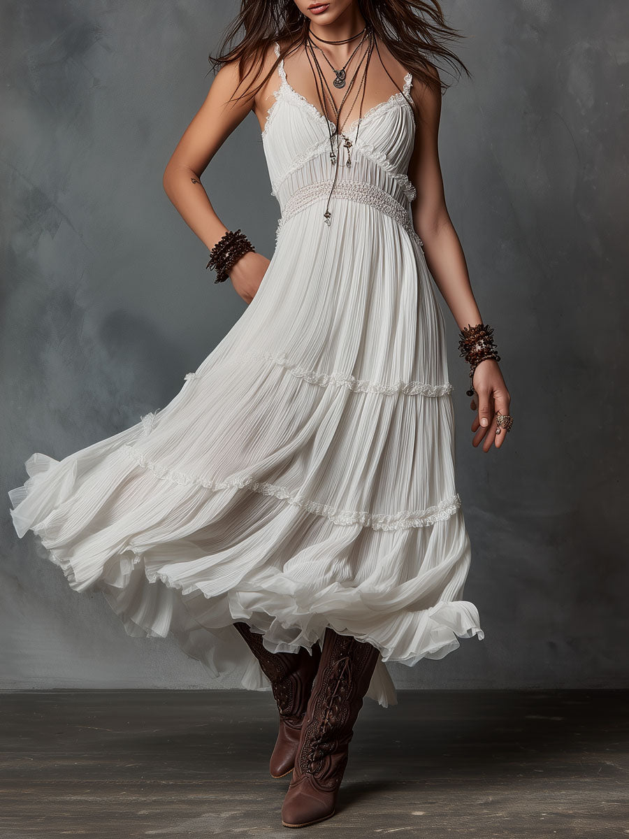 Boho White Lace-Trim Pleated Midi Dress