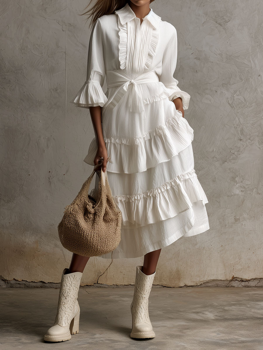 Retro Boho  Ivory Bloom Ruffled Tiered Shirt Dress