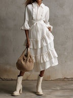 Retro Boho  Ivory Bloom Ruffled Tiered Shirt Dress