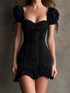 Retro Romantic Black Ruffled Corset Mini Dress