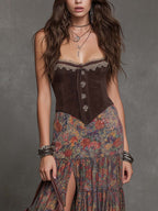 Retro Polyester Suede Oil-Painting Style Floral Print Tiered Ruffled Midi Dress