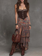 Retro Polyester Suede Oil-Painting Style Floral Print Tiered Ruffled Midi Dress