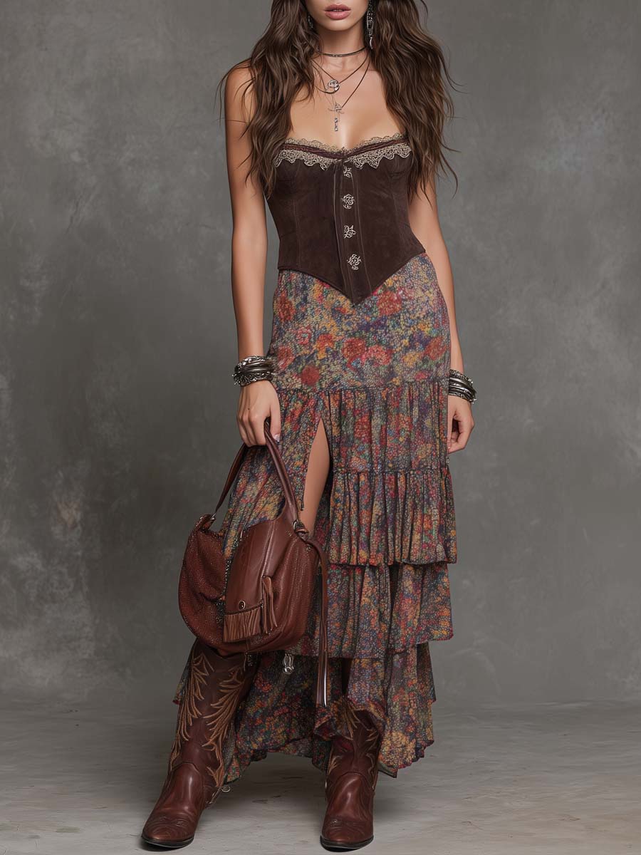 Retro Polyester Suede Oil-Painting Style Floral Print Tiered Ruffled Midi Dress