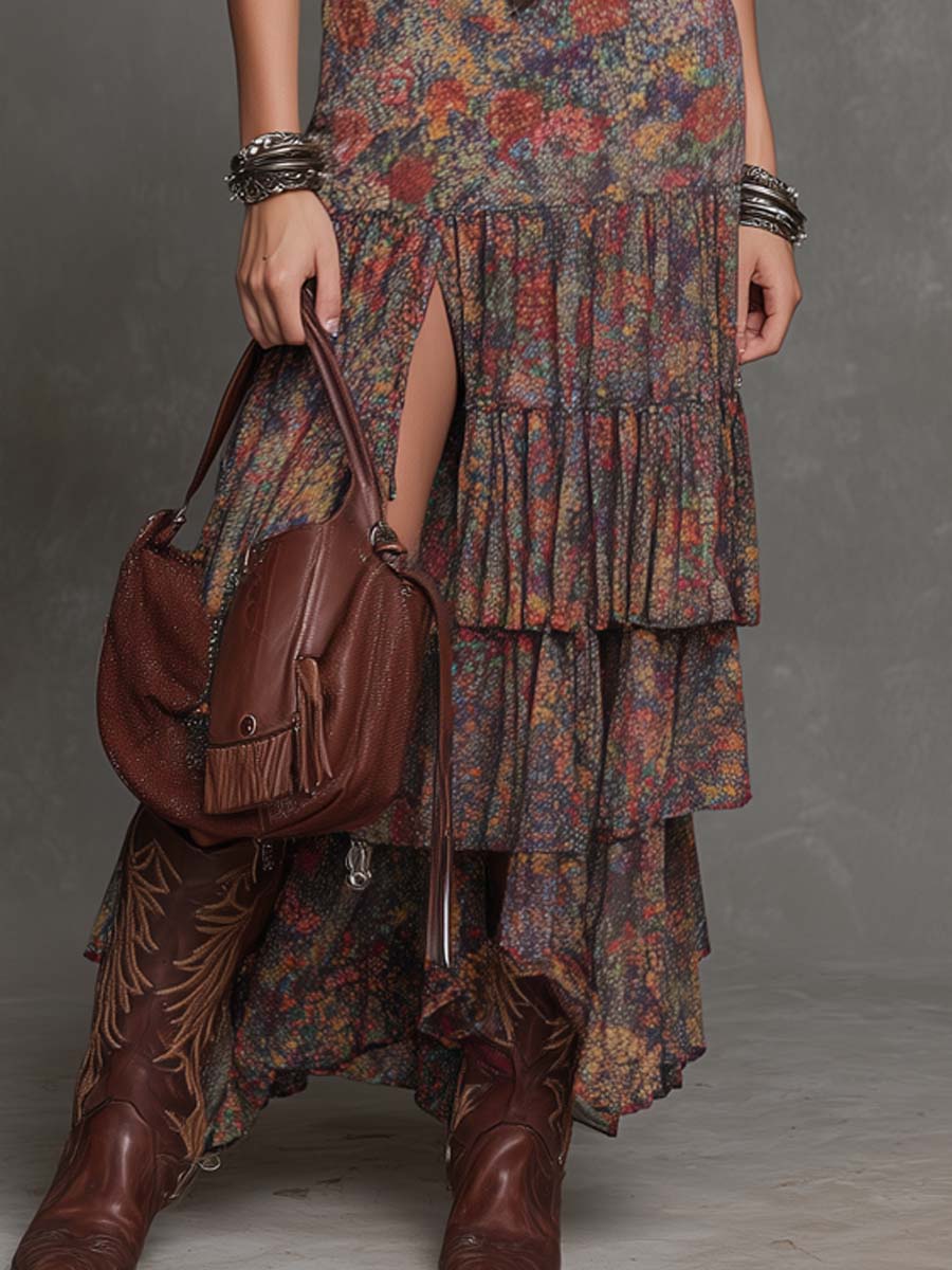 Retro Polyester Suede Oil-Painting Style Floral Print Tiered Ruffled Midi Dress