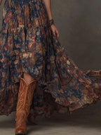 Retro Polyester Suede Oil-Painting Style Floral Print Maxi Dress