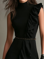 Elegant Classic Black Ruffled Asymmetric Mini Dress