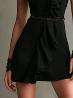 Elegant Classic Black Ruffled Asymmetric Mini Dress