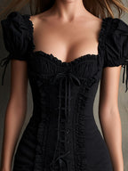 Retro Romantic Black Ruffled Corset Mini Dress