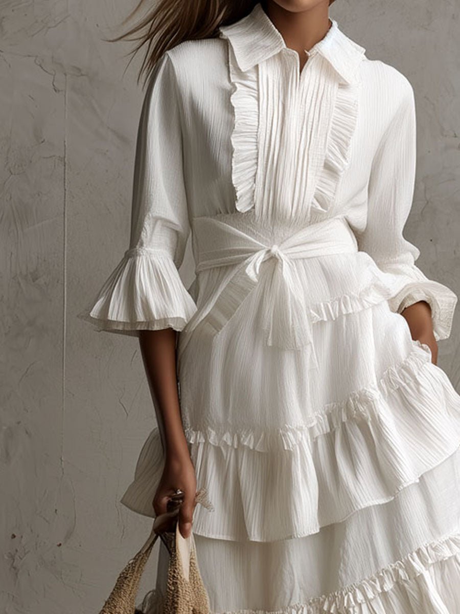 Retro Boho  Ivory Bloom Ruffled Tiered Shirt Dress