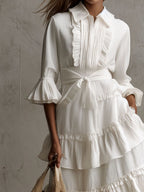 Retro Boho  Ivory Bloom Ruffled Tiered Shirt Dress