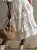 Retro Boho  Ivory Bloom Ruffled Tiered Shirt Dress