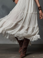 Boho White Lace-Trim Pleated Midi Dress