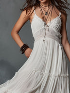 Boho White Lace-Trim Pleated Midi Dress