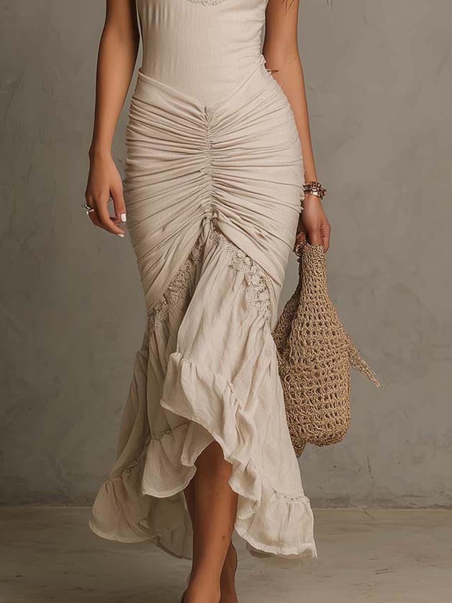 Bohemian Cotton-Linen Halter Lace Trim Ruched Midi Dress