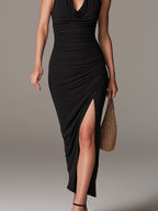 Classic Draped-Neck High-Slit Midi Dress