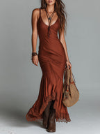Boho Lace-Trimmed Slim-Fit Tencel Maxi Dress