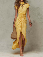 Bohemian  Cotton High Neck Ruched Wrap Maxi Dress