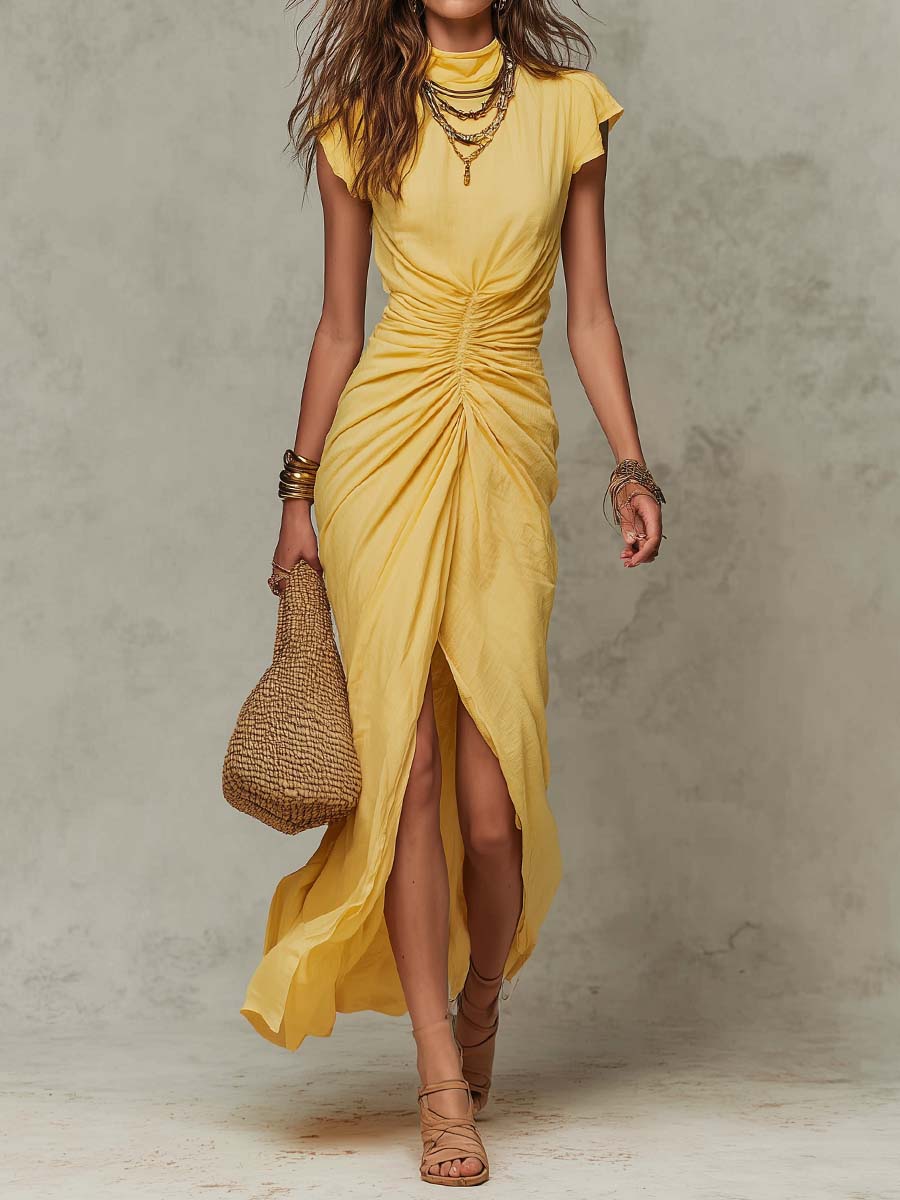 Bohemian  Cotton High Neck Ruched Wrap Maxi Dress