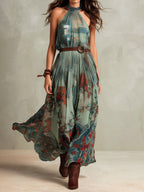 Boho Sage Green Halter Neck Chiffon Maxi Dress