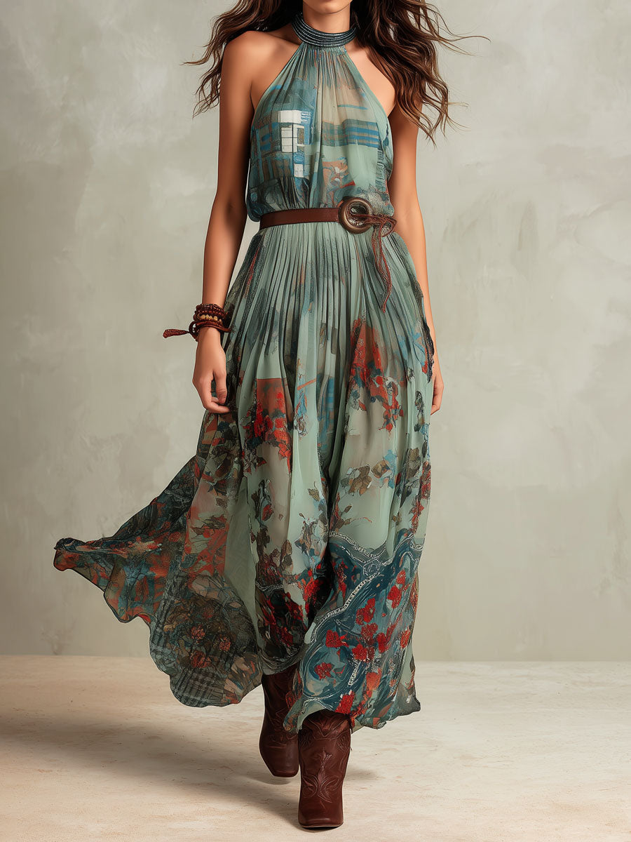 Boho Sage Green Halter Neck Chiffon Maxi Dress