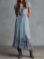 Grace Dusty Blue Lace-Trimmed Chiffon Midi Dress