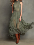 Elegant Sage Green High-Neck Pleated Lace Maxi Dress