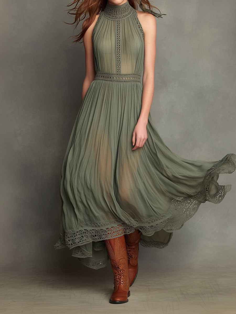 Elegant Sage Green High-Neck Pleated Lace Maxi Dress