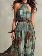 Boho Sage Green Halter Neck Chiffon Maxi Dress