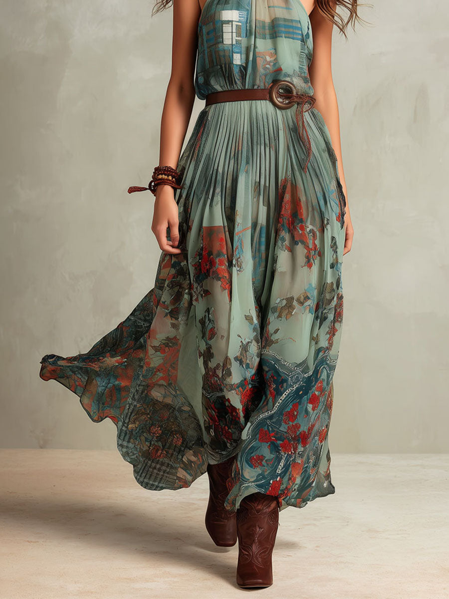 Boho Sage Green Halter Neck Chiffon Maxi Dress
