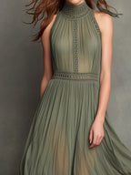 Elegant Sage Green High-Neck Pleated Lace Maxi Dress