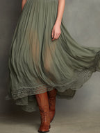 Elegant Sage Green High-Neck Pleated Lace Maxi Dress