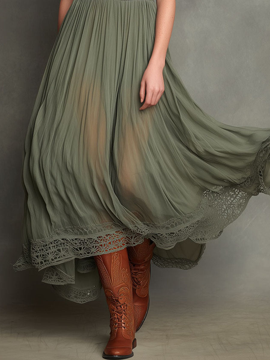 Elegant Sage Green High-Neck Pleated Lace Maxi Dress